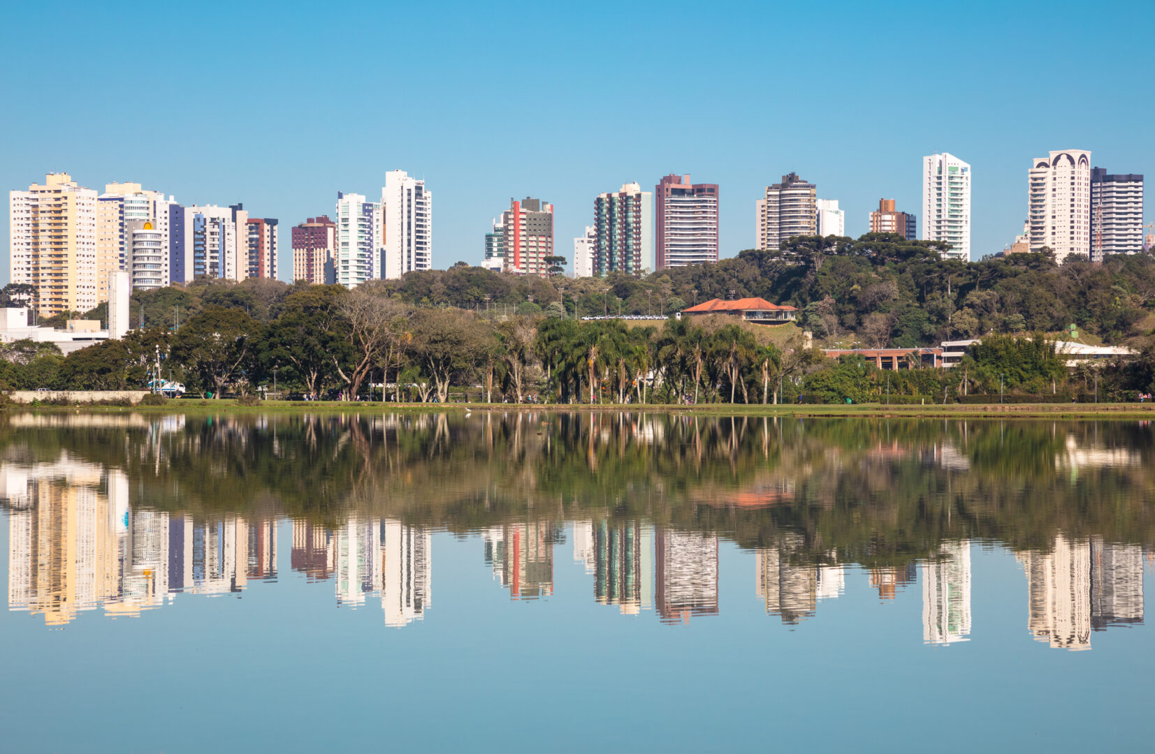 Mesmerizing view of high buildings reflected in the clear lake in Curitiba, Parana, Brazil